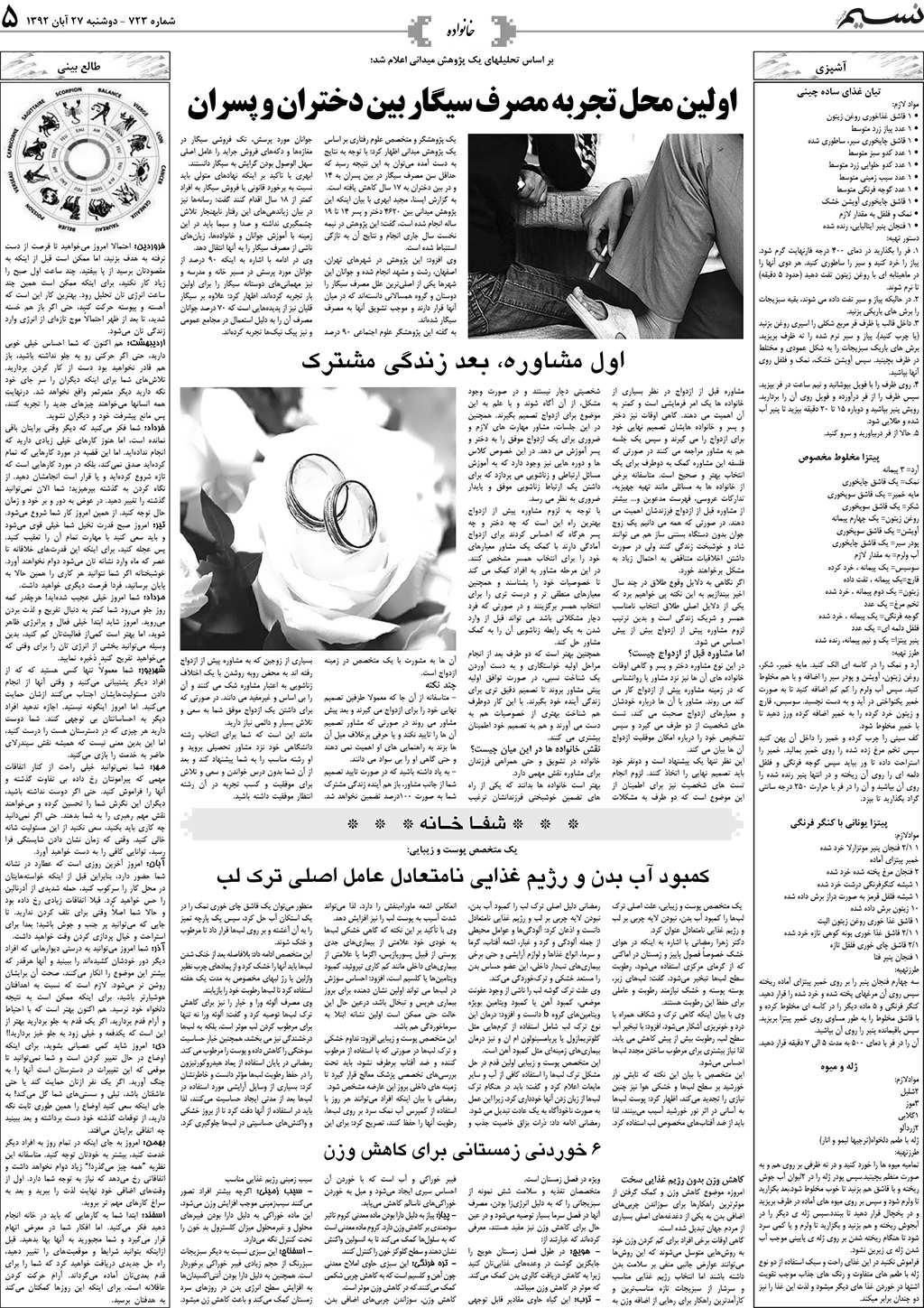 صفحه خانواده روزنامه نسیم شماره 723